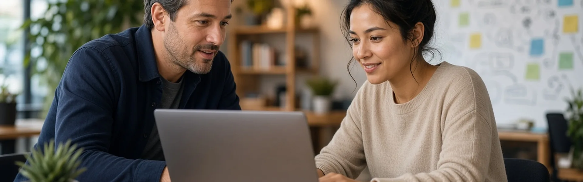 Two professionals working together on an AI workflow